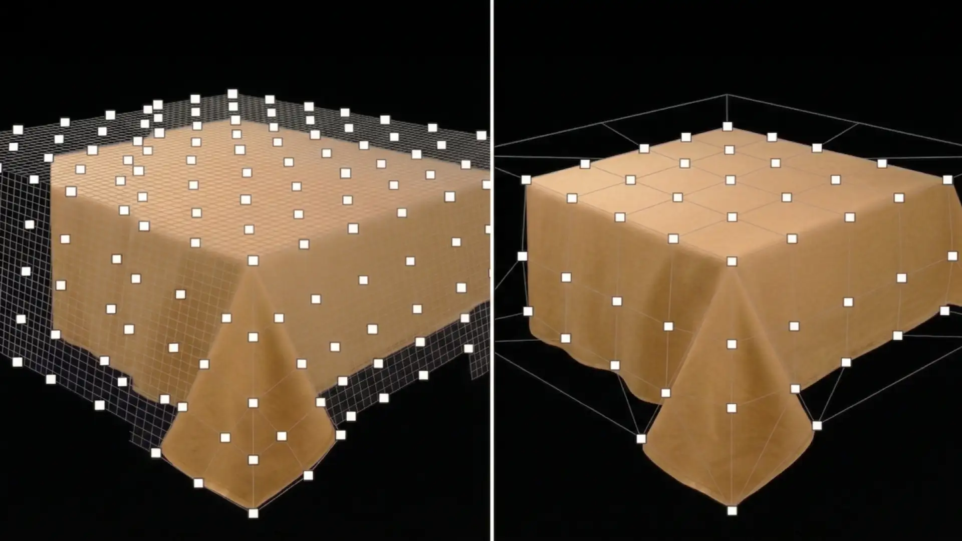 A table shown with two 3D grids in the Expert mode of Pointcarre Mapping, following the drape of a tablecloth