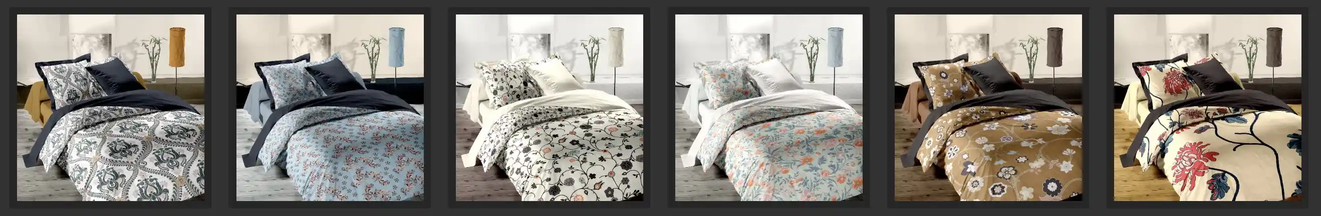 The same bed shown in six pattern variations, realized with Pointcarre Mapping
