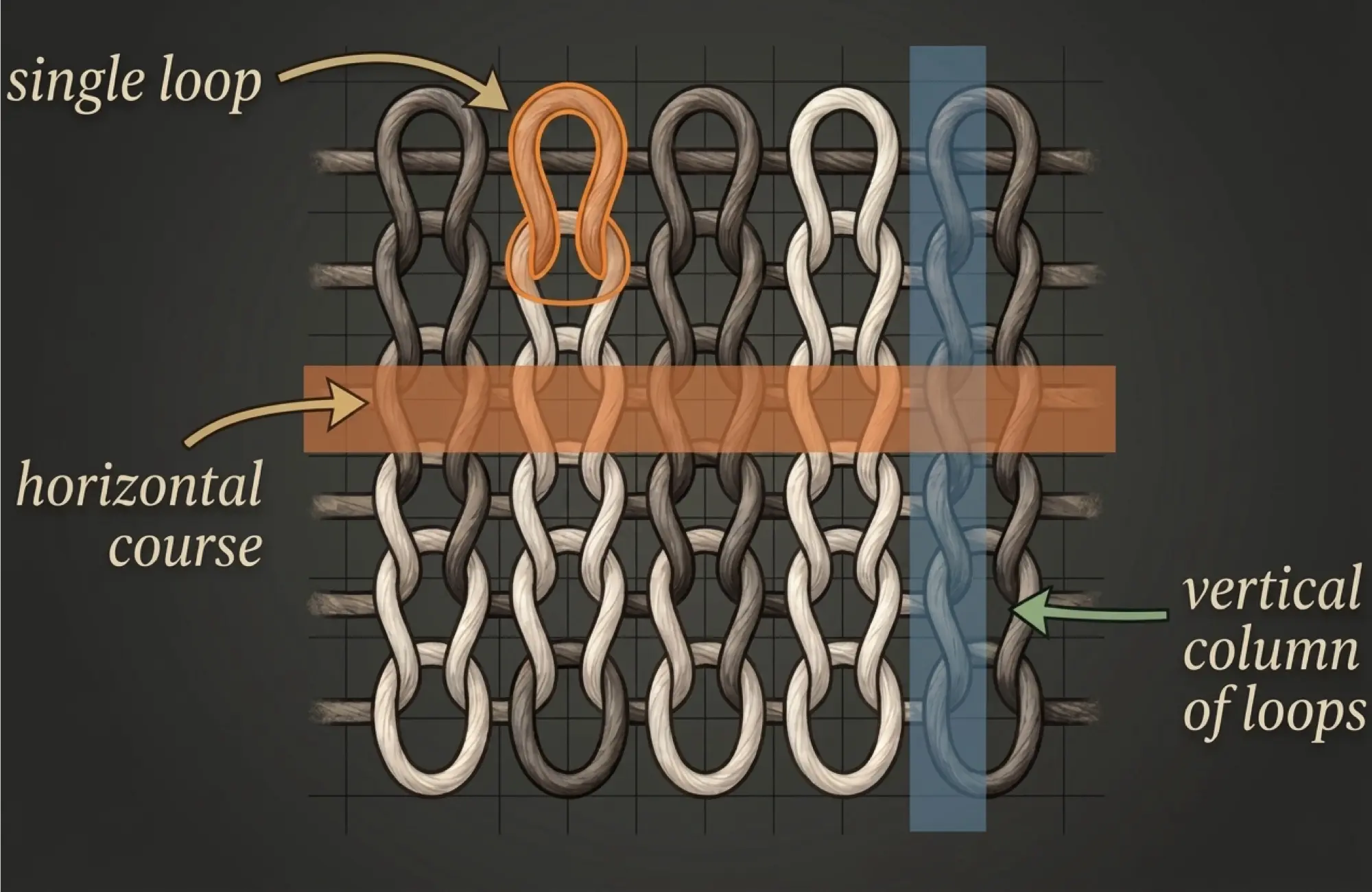 Diagram explaining a knit loop, a horizontal course and a vertical column of loops