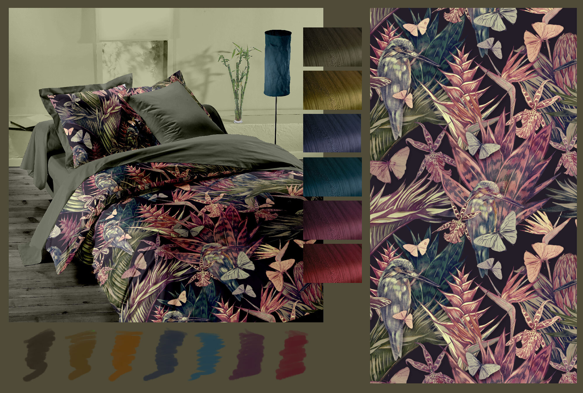 A bed with a floral pattern fabric mapped onto the photograph with Pointcarre Mapping, showing realistic shadow and fold