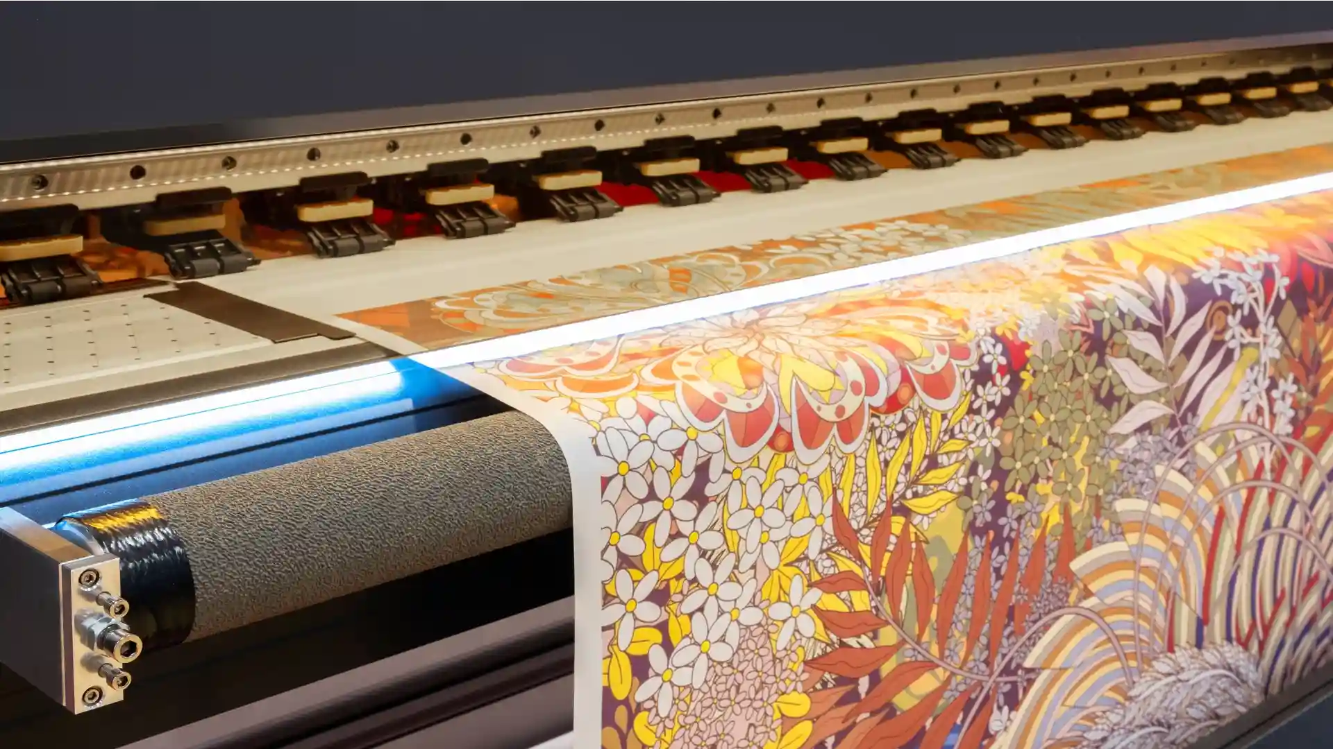 Floral pattern fabric being printed on a large format digital textile printer
