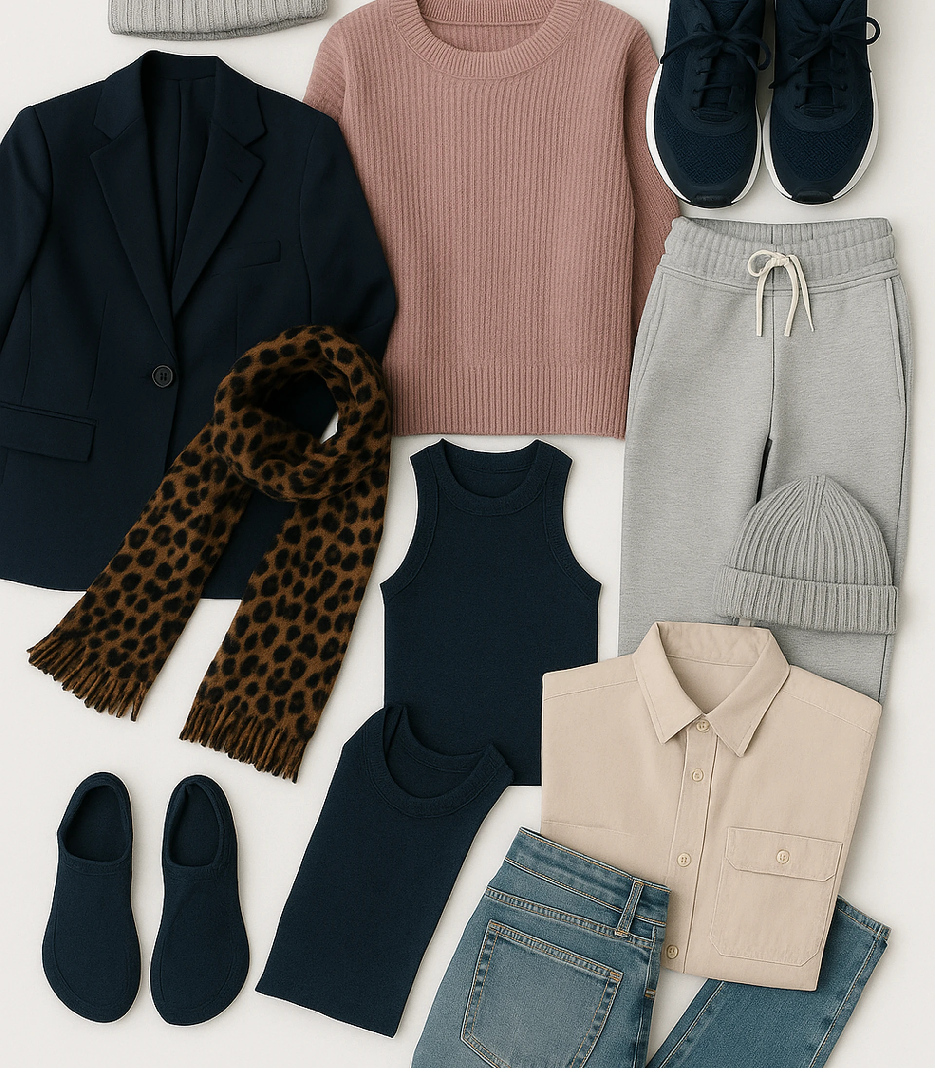 A collection of jeans, a scarf, shoes and a sweater with designs mapped in Pointcarre Mapping