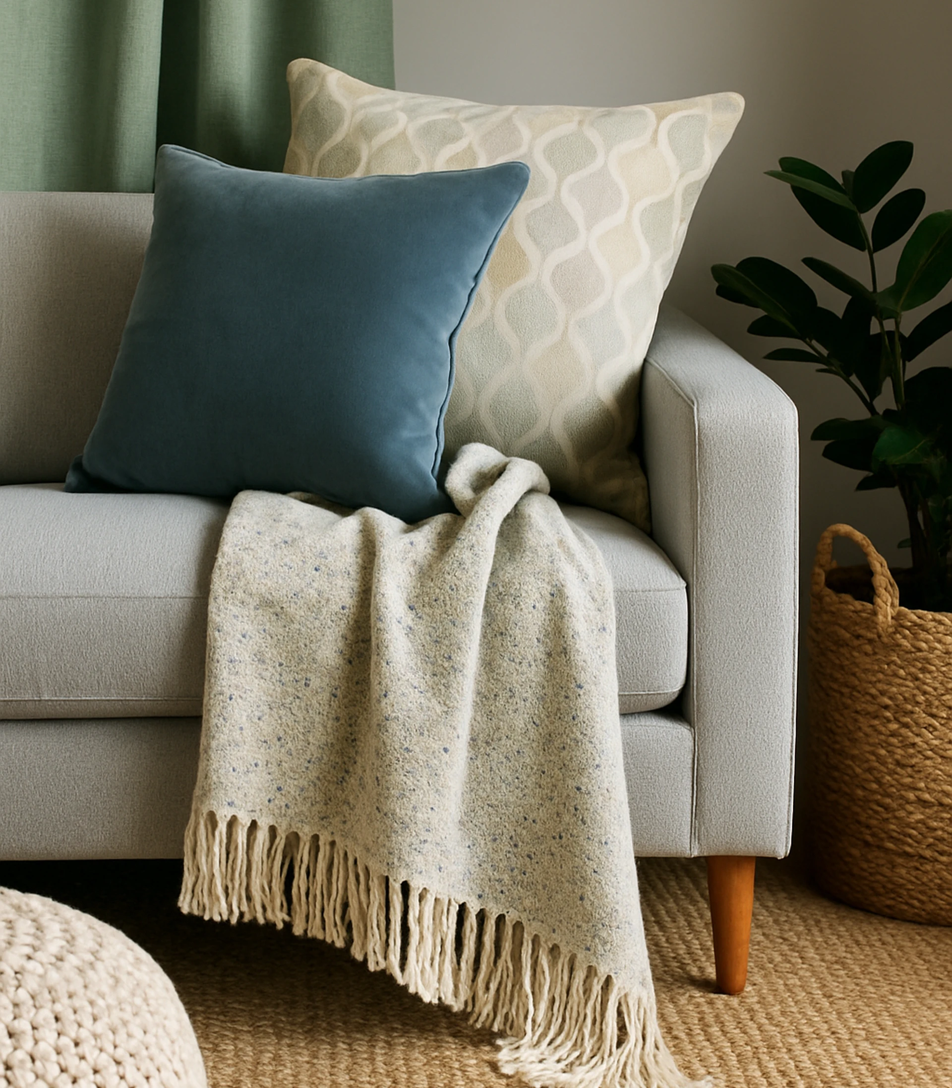 A cushion and a throw on a sofa, fabric mapped onto the photograph with Pointcarre Mapping
