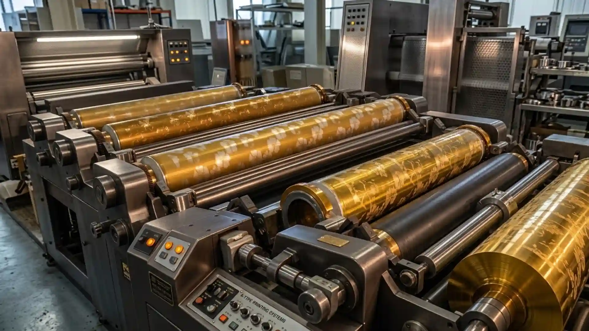 Industrial rotary engraving machine for textile printing, with five cylinders