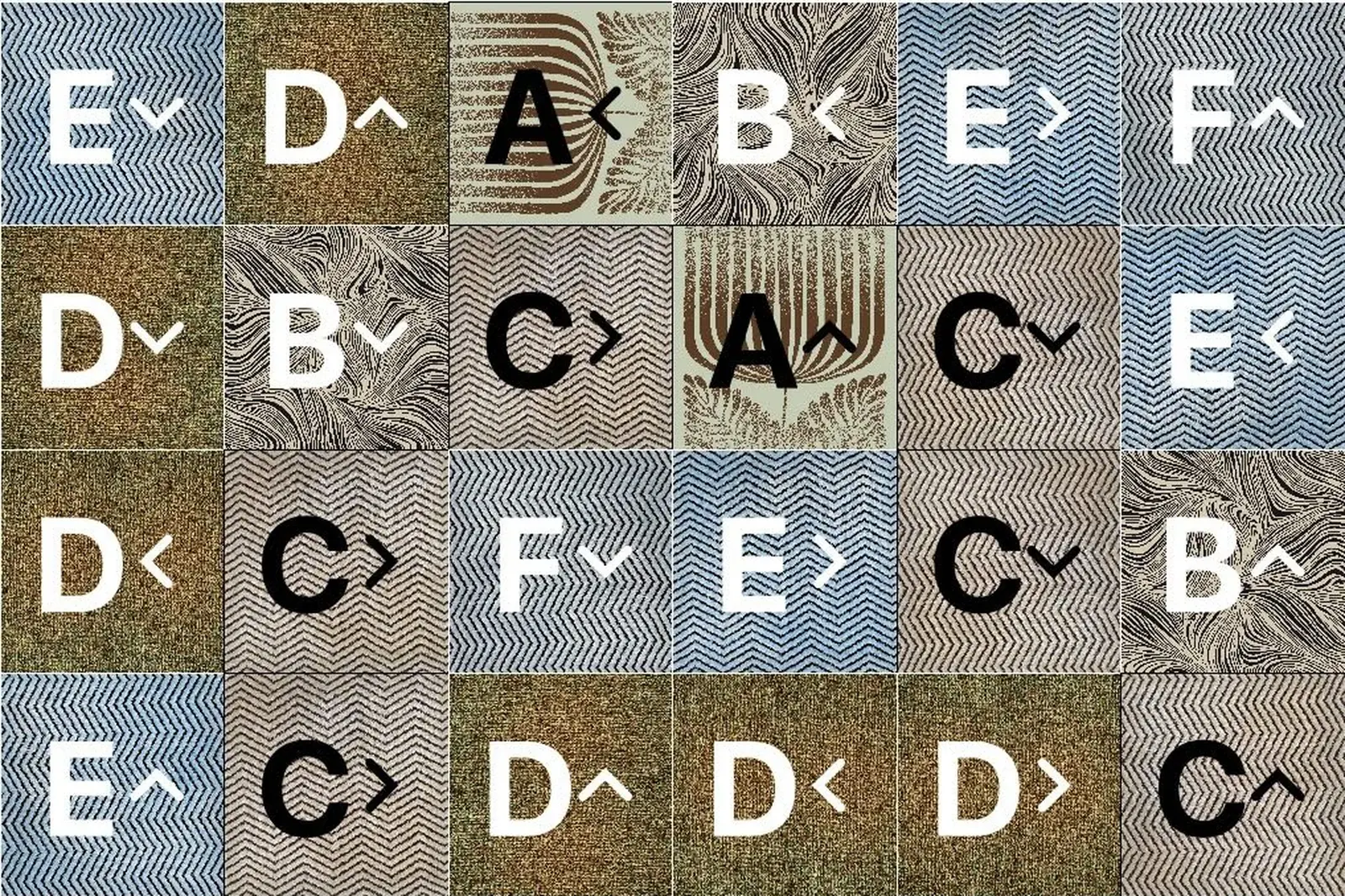Six carpet tile designs distributed automatically with varied rotations by Pointcarre Tiling software, letters identify each design and arrows their rotation