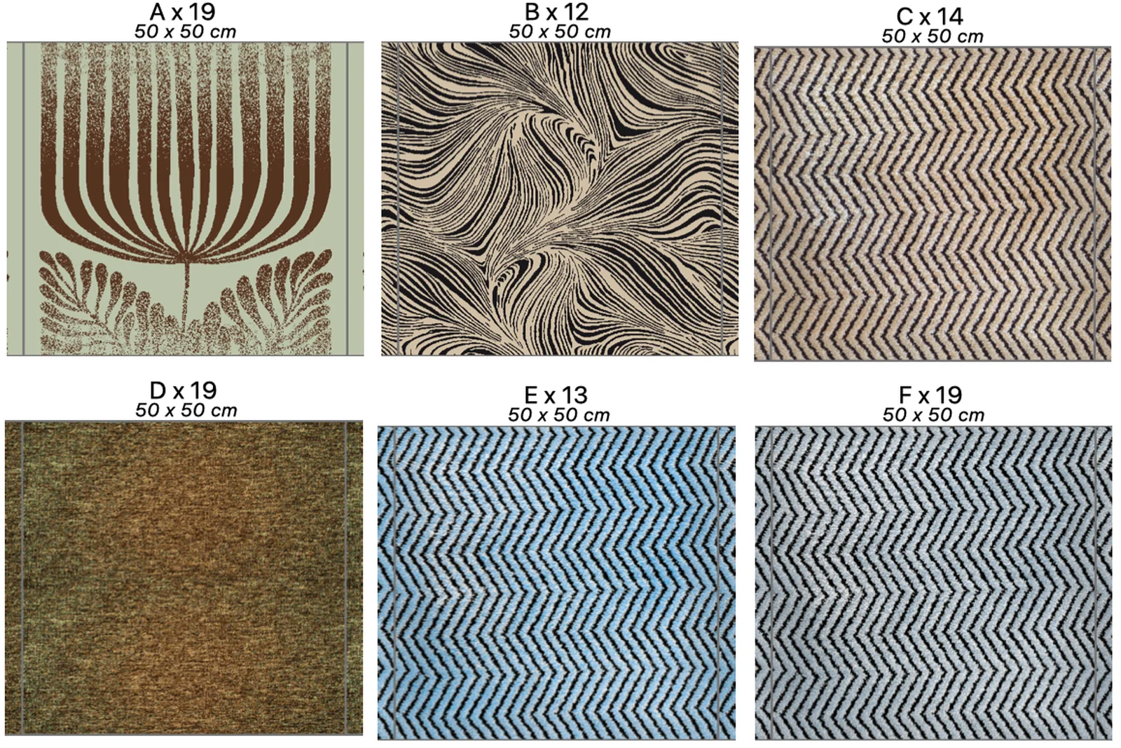 Texture Set view in Pointcarre Tiling carpet tile design software, showing six tile designs and how many of each are used in the project