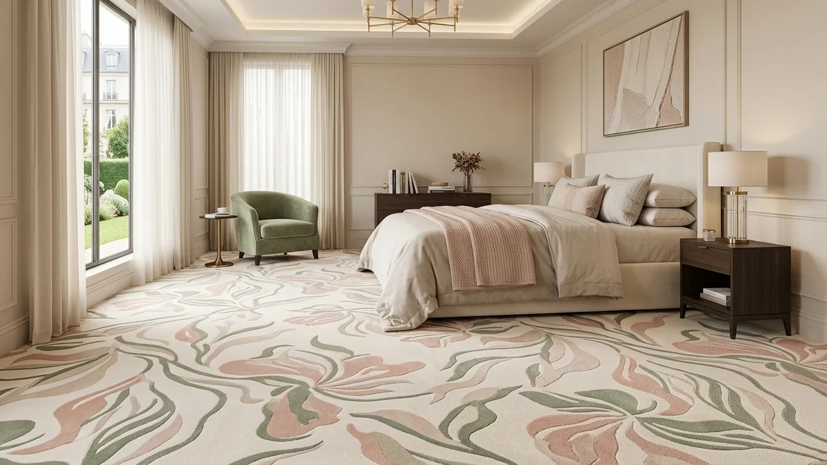 Broadloom carpet simulation for a residential bedroom, created with Pointcarre carpet CAD software