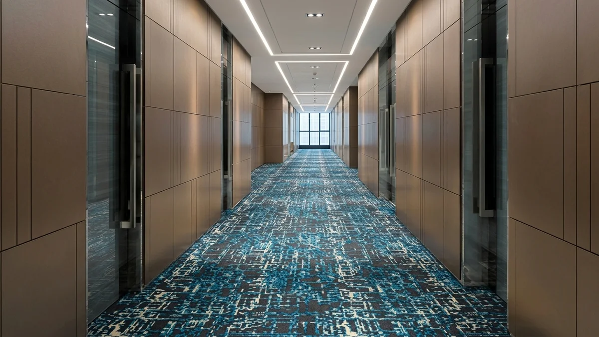 Broadloom carpet simulation for a hotel corridor, designed in Pointcarre broadloom carpet software
