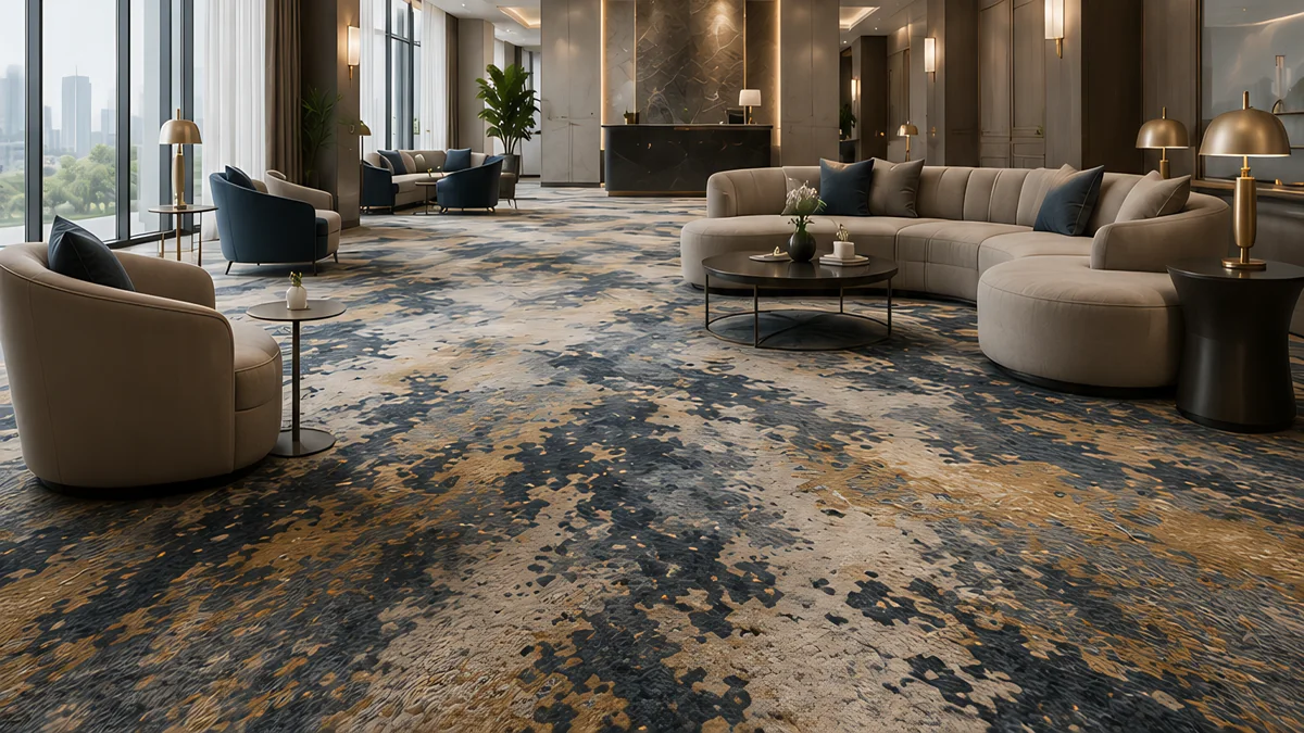 Broadloom carpet simulation for a hotel hospitality lounge, created with Pointcarre Tuft software