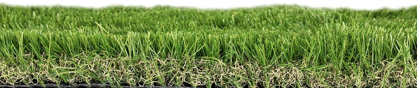 Side profile of synthetic turf blades simulated in Pointcarre artificial turf design software, showing pile height and thatch root layer