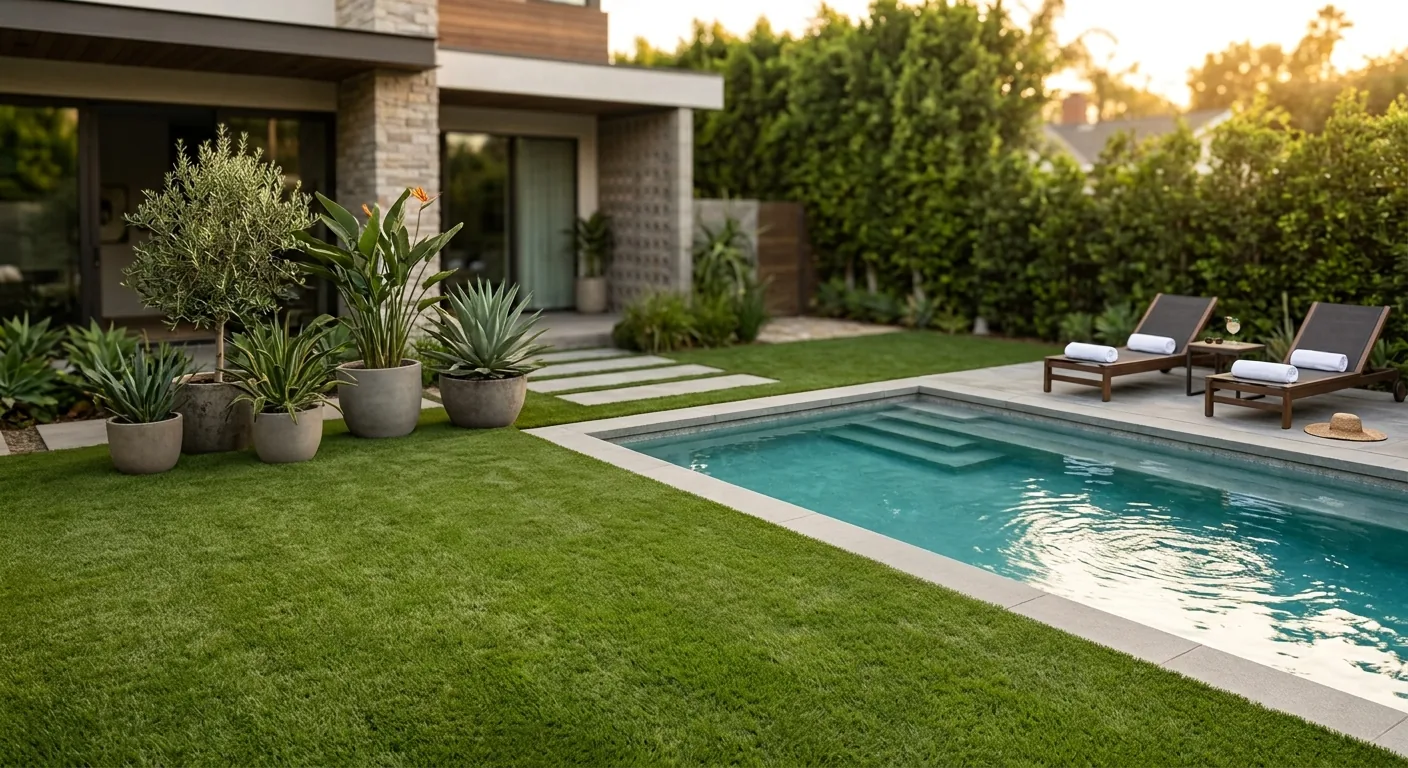 Residential garden with landscape artificial grass next to a swimming pool, simulated in Pointcarre turf software